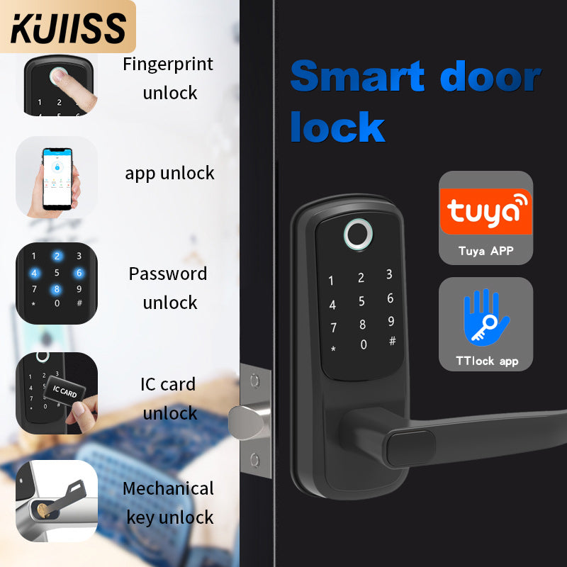 KUIISS Tuya wifi Indoor Door Fingerprint Password Lock Home Office Apartment Home Accommodation Hotel Wood Door Single Tongue Smart Lock Mobile App TTlock