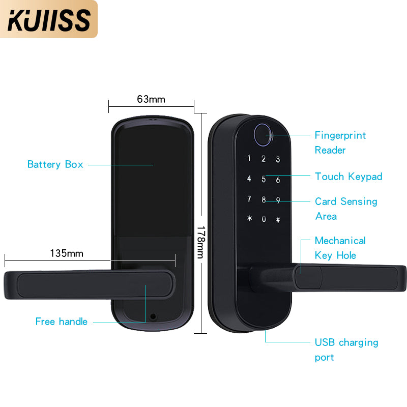 KUIISS Tuya wifi TTlock Indoor Door Fingerprint Password Lock Home Office Apartment Home Accommodation Hotel Wood Door Single Tongue Smart Lock Mobile App Remote